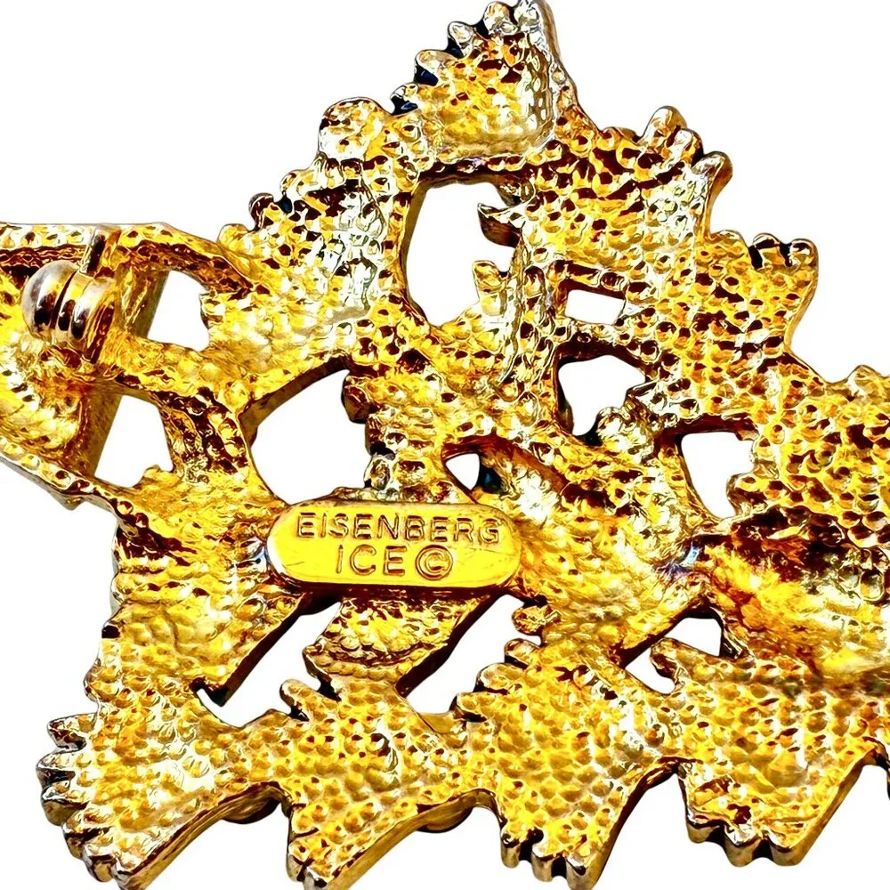 EISENBERG ICE Vintage Christmas Tree Brooch Green Enamel & Rhinestones Signed